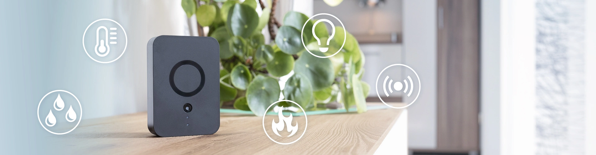 Smart Home Moderner Ausschnitt eines Wohnzimmers mit Zentrale auf einem Schrank, umringt von Smart Home Icons